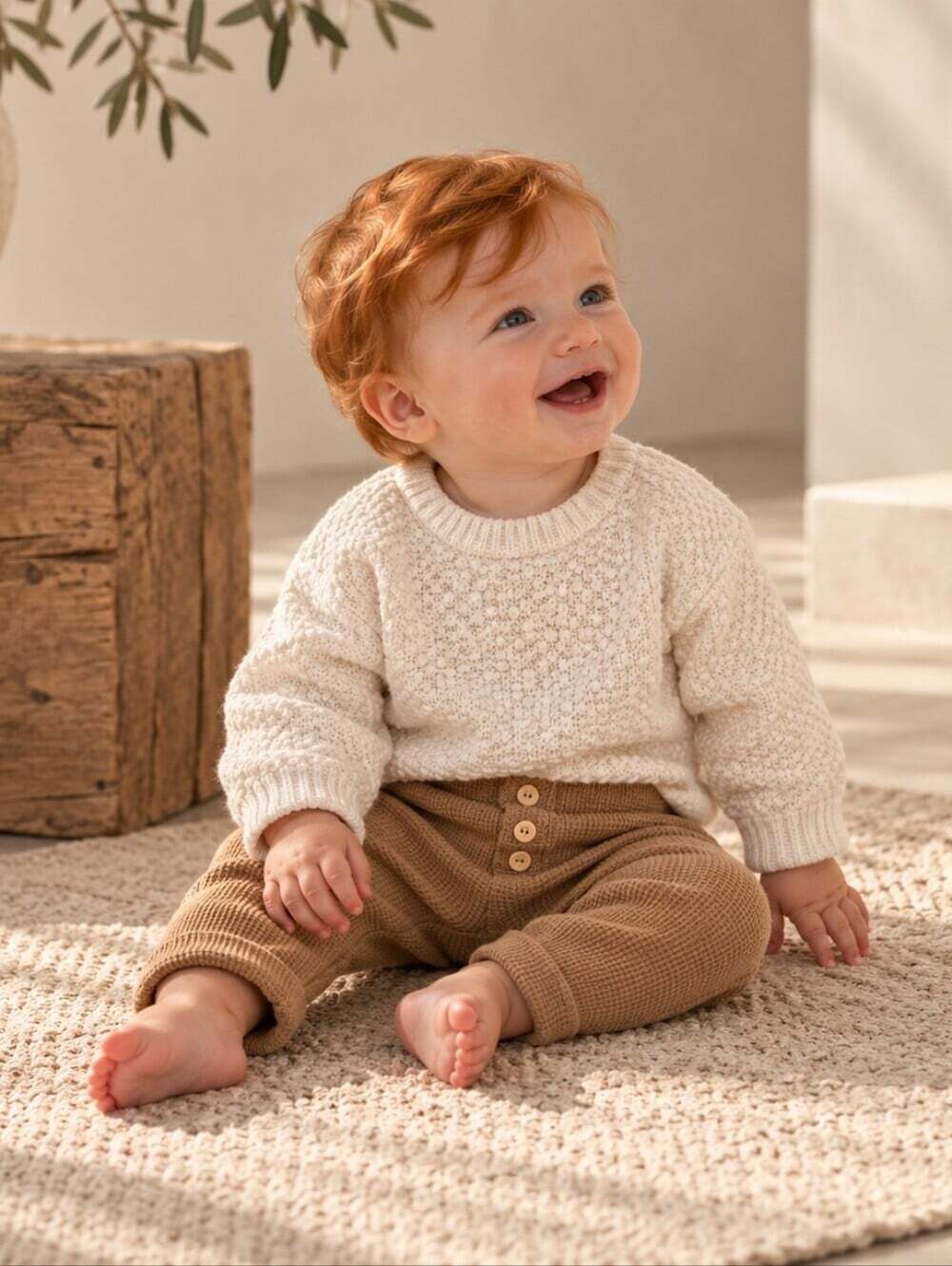 H&M Baby 100% Cotton Waffle Knit Pants Tan Brown 6-9M Neutral Minimalist